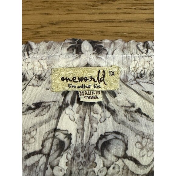One World Live & Let Live Blouse Sz 1X Artsy Floral Lightweight Lined Tie Sleeve - Picture 3 of 15